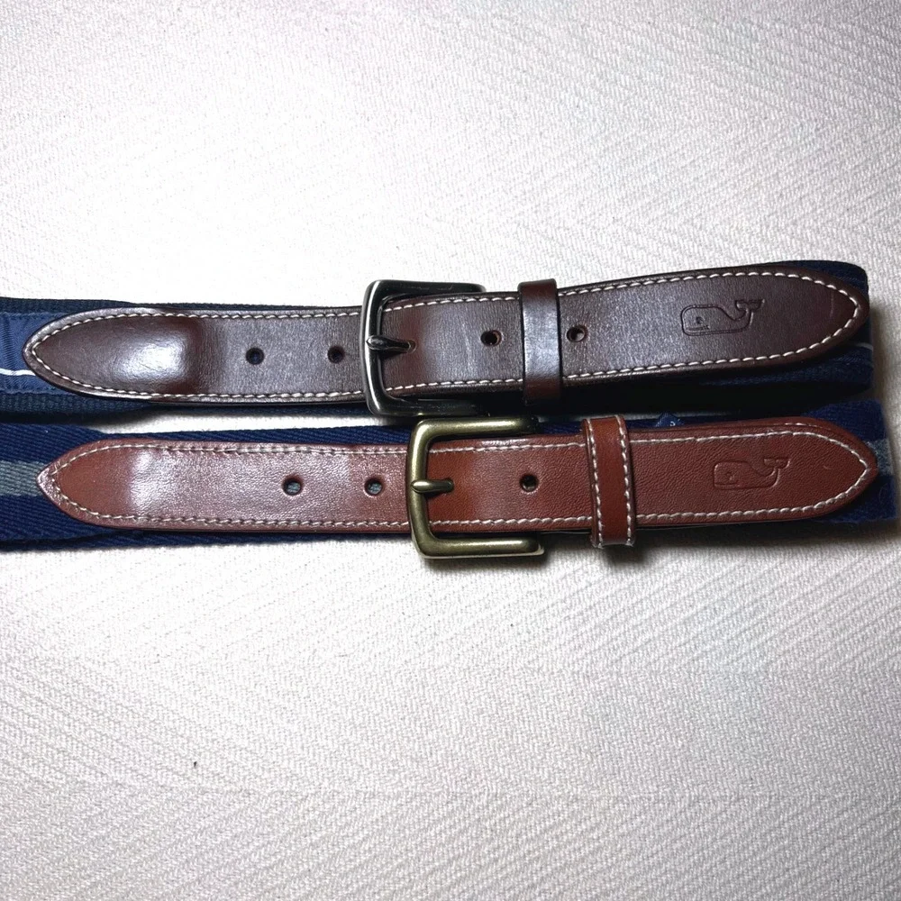 Set of 2 Vineyard Vines Mens Canvas Leather Belts Whale Striped Navy Blue 34